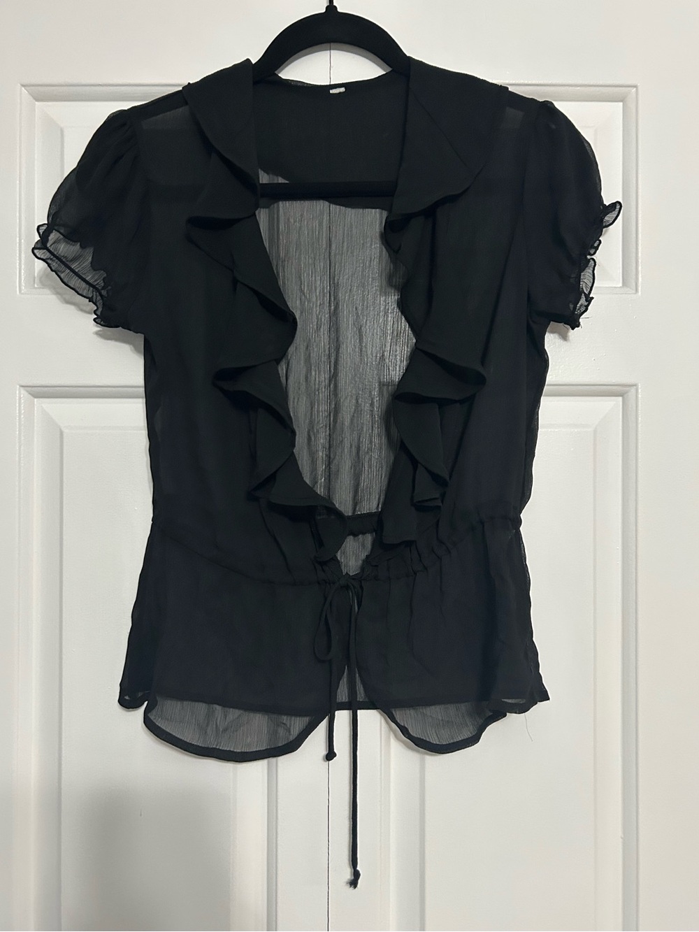 Vintage Y2K Sheer Black Ruffle Tie Front Short Sleeve Blouse